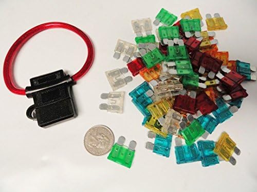 60 Pack Assortment Kit - 10 15 20 25 30 40 Amp ATC Fuses with 10 Gauge Weatherproof Waterproof ATC Fuse Holder Wire Loop