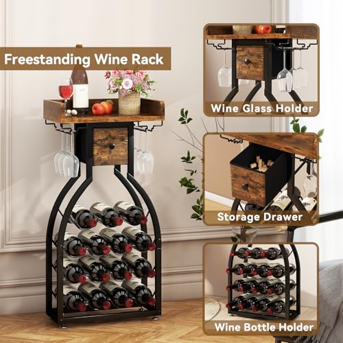 IBUYKE 15 Bottle Freestanding Wine Rack with Glass Holder and Storage Drawer, Mini Shelving Unit for Kitchen, Bar and Dining Room, Rustic Brown TMJ908H