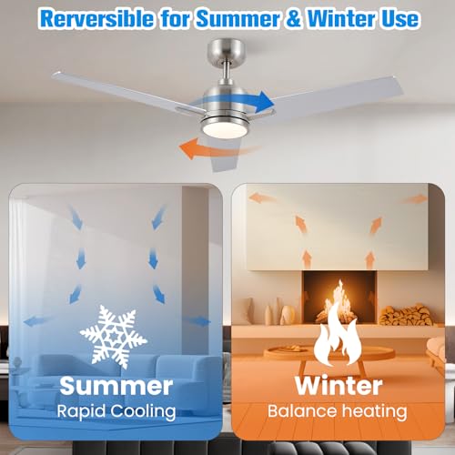 Newday Ceiling Fan, Silver and Wood, 48 Inch Ceiling Fan with Dimmable Light and Silent Remote Control, Reversible Ceiling Fan, 3 Ceiling Pales with 3 Timer 6 Speeds