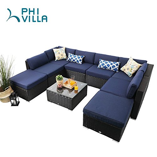 PHI VILLA Rattan Sectional Sofa- Patio Wicker Furniture Set (9 piece)
