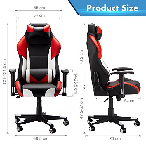 Sedia-Gaming-SLYPNOS-Gaming-Chair-Economica-di-Finta-Pelle-Alta-1315-cm-Inclinazione-fra-90-e-135-Portata-136-kg-Cuscini-Lombare-e-Testa-Amovibili-e-Flessibili-Rossa