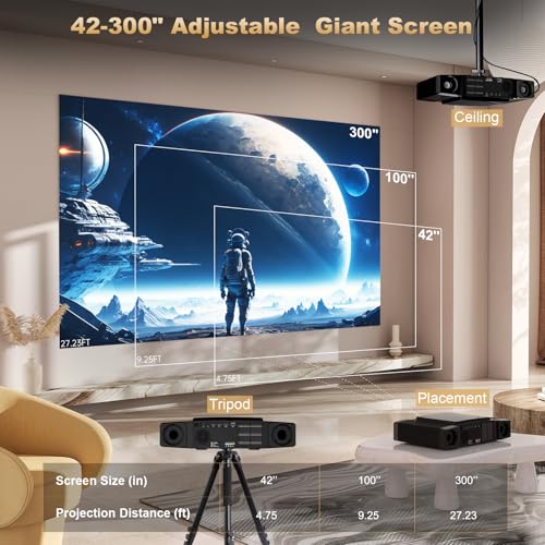 Smart 4K Projector, 2500 ANSI Outdoor Projector for Garden, Bedroom & Home Theater, Native 1080P HDMI with Hidden Electric Bracket, Auto Focus Keystone, WiFi 6 Bluetooth, 300'' IMAX Enhanced Black