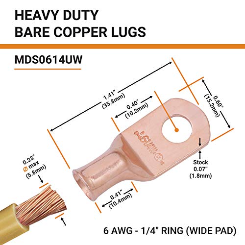 SELTERM 2pcs 6 AWG 1/4" Stud (Wide Pad) Copper Wire