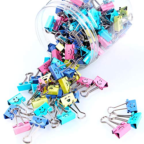 Binder Clips, Limque Paper Clips,Paper Clamps with Colored Cute Hollow Smiling Face,100 Pcs 0.75 inch/19mm Size Clips, for Office,Teacher Gifts and Kitchen,Small/Mini