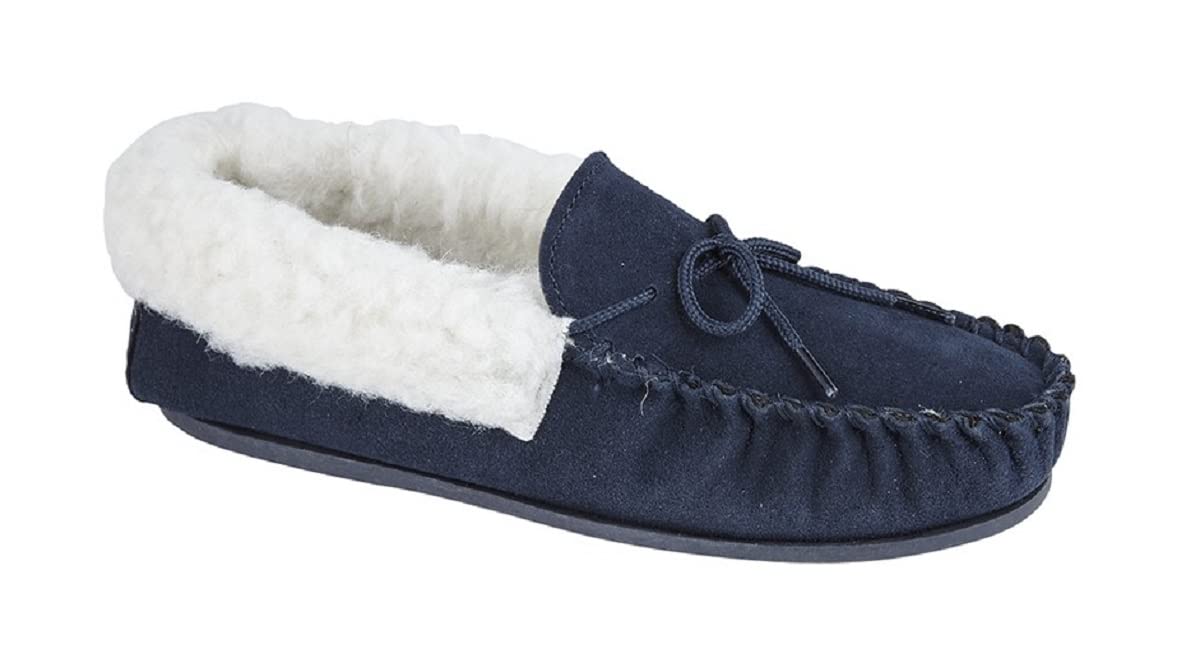 Mokkers Real Suede Wool Mix Warm Lining Moccasins Slippers Ladies TPR Sole UK3-9 (UK 5, Navy)