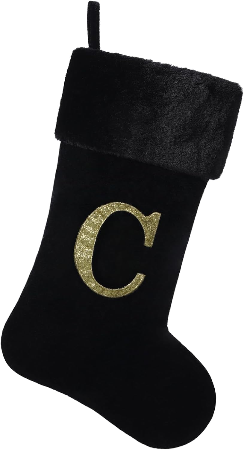 Stockings & Holders - Yehnois 20 Inches Initial Monogram Christmas Stocking Personalized,Deluxe Black Velvet Body with Super Soft Plush Cuff Embroidered Letter,Holiday Season Decor（C）