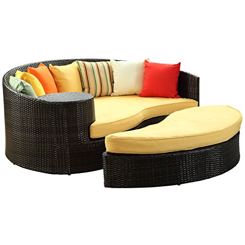 Modway Taiji Outdoor Wicker Patio Daybed with Ottoman in Brown with Orange Cushions