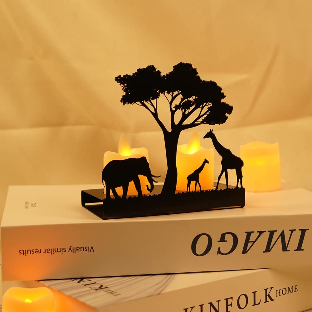 Hosoncovy Decorative Metal Animal Tea Light Candle Holder Tea Light Candle Stand Tea Light Candle Tray Light and Shadow Art Home Ornament for Home for Wedding Decoration (Elephant and Giraffe Pattern)