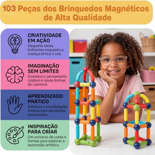 Bloco Magnetico Infantil de Montar, Brinquedo Educativo Infantil Bastões e Bolas, Kit de Construção 2D e 3D, Desenvolvimento STEM para Criatividade, Coordenação Motora e Raciocínio Lógico (103)