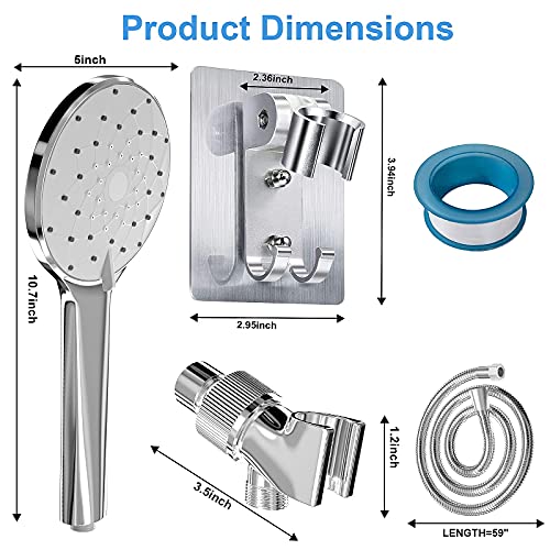 High Pressure Handheld Shower Head - 6 Spray Settings Hand Held Shower with 59\'\' Stainless Steel Hose, Adjustable Overhead Bracket and Wall Bracket, Built-In Power Wash Function
