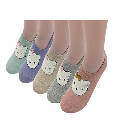 DOSWODE Cute No Show Socks for Women Heel Non Slip Low Cut Liner Cartoon Novelty 5 Pack (Cartoon Cat)