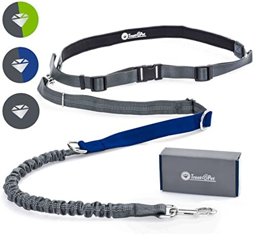 Hands Free Dog Leash for Running Jogging Walking Hiking Durable Bungee Leash with Handle - Reflective Stitching Adjustable Length 47" - 60" - Waist Belt from 23" up to 55" (Grey/Blue)