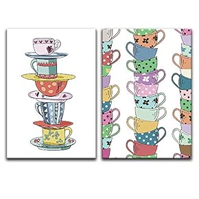 2 Panel Canvas Wall Art - Hand Drawn Coffee Theme Colorful Stacked Cups - Giclee Print Gallery Wrap Modern Home Art Ready to Hang - 16"x24" x 2 Panels