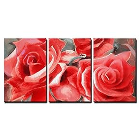 3 Piece Canvas Wall Art - Red Roses Motif Hand Painted Oil on Canvas - Modern Home Art Stretched and Framed Ready to Hang - 16"x24"x3 Panels