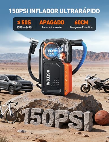 AstroAI Arrancador de Batería de Auto 8000A Compresor de Aire 150PSI, Jump Starter Cargador de Batería de Auto 12V(Todo Gasolina/8.0L Diésel) con Inflador de Llantas para Carro, SUV y Moto