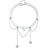 Statement Layered Pearl Chain Choker Necklace for Women, Multi-Strand Silver-Tone With Draped Chains And Heart Drop Tassels, Adjustable Y2K Punk Glam