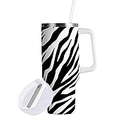 40 oz Tumbler with Straw & Handle - 2 in 1 Lids Leak Proof Tumblers - Large Insulated Stainless Steel Cup - BPA-Free Water Bottle Travel Metal Mug for Women Man, Black and White Zebra Skin Print
