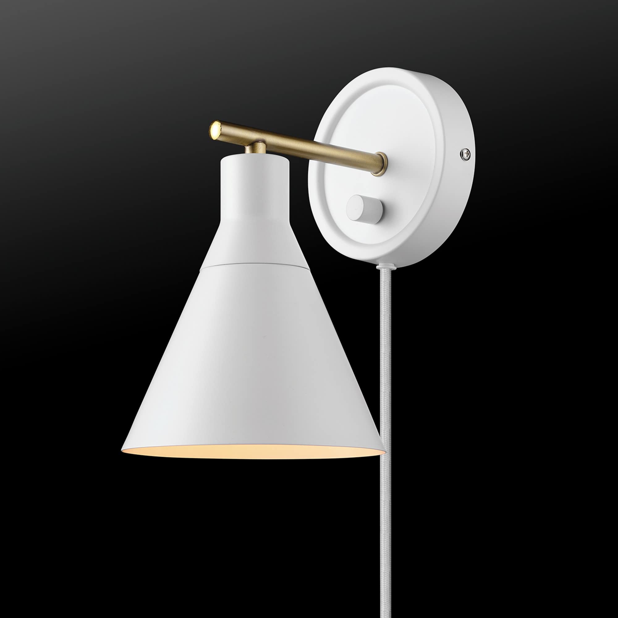 Globe Electric 65542 1-Light Dimmable Plug-in or Hardwire Wall Sconce, Matte White, Brass Accent, Stepless Dimming Rotary Switch on Canopy, White Fabric Cord, Wall Lighting, Bulb Not Included