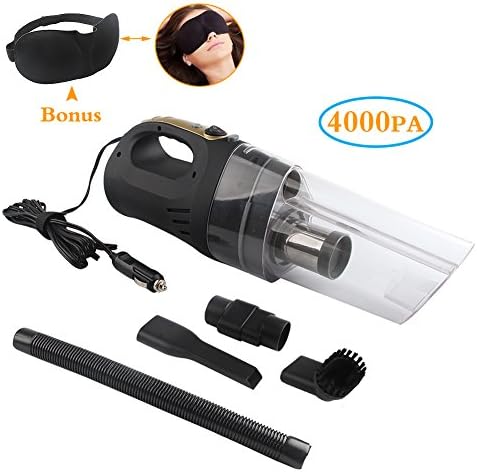 Vacuum Cleaner Car High Power Wet Dry Handheld Portable with LED Light 4000PA Suction 120W Stainless Steel Filter for Pet Hair, Liquid, Dust 14.8 Ft Cord (Black 12V) + BONUS Eye Mask