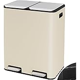 Arlopu 16Gal Dual Trash Can w/2 Built-in Box for Odor Control, Hands-Free Kitchen Garbage Bin, Recycle Waste Dustbin, Soft-Close Lid, 2 Buckets,Foot Pedal, Side Handle, Airtight,for Home (Beige)
