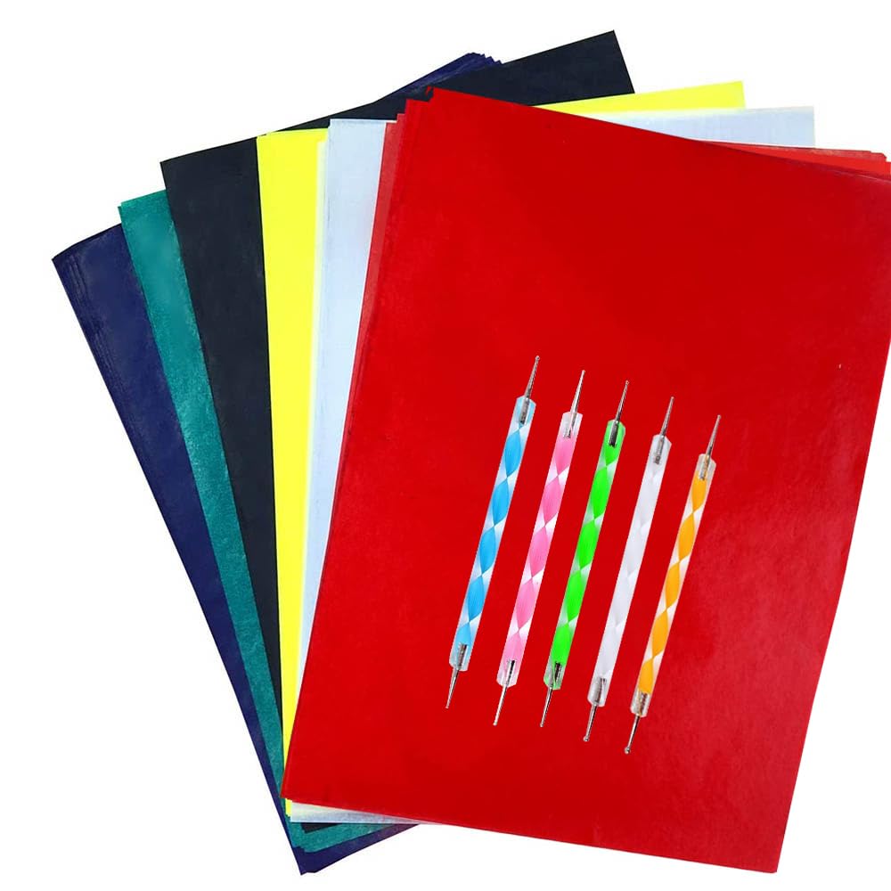 Yesallwas 100 Sheets A4 Multicolor Carbon Transfer Paper,Tracing Paper Graphite Copy Paper for Wood, Paper, Canvas and Other Art Surfaces with 5 Pieces Double Ended Tracing Stylus