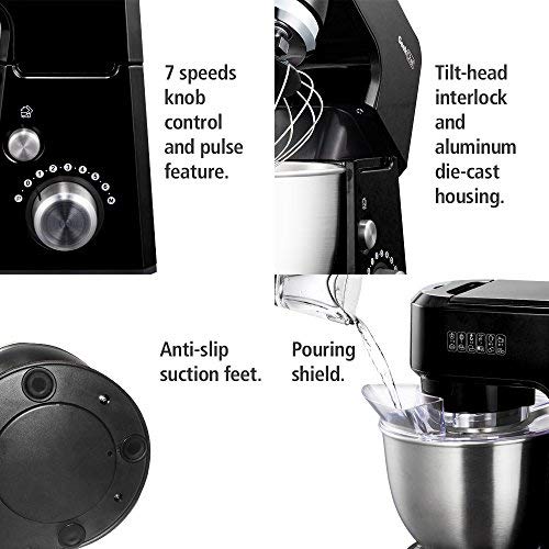 Geek Chef Mini 4-in-1 Stand Mixer: Multi-function, 2.6 Quart Stainless Steel Bowl, 7 Speeds with pulse, Die-cast Tilt Head. Includes Pouring Shield, Beater, Whisk and Dough Hook (Black)