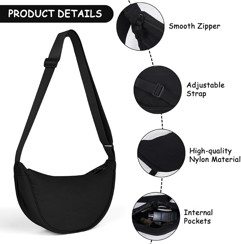 Mala Crossbody de Mulher, Half Moon Waterproof Nylon Crossbody Backpack, Mala Casual Leve Crossbody para mulheres com alça ajustável, para viagens, compras, escola, escritório - Preto