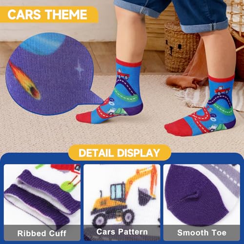 Queenshin 6 Pares Calcetines Niño Infantiles Camión de Obras Bomberos Coche de Carreras Colorido Calcetín Crew Suave Regalos 3-14 años Tamaño 25-38