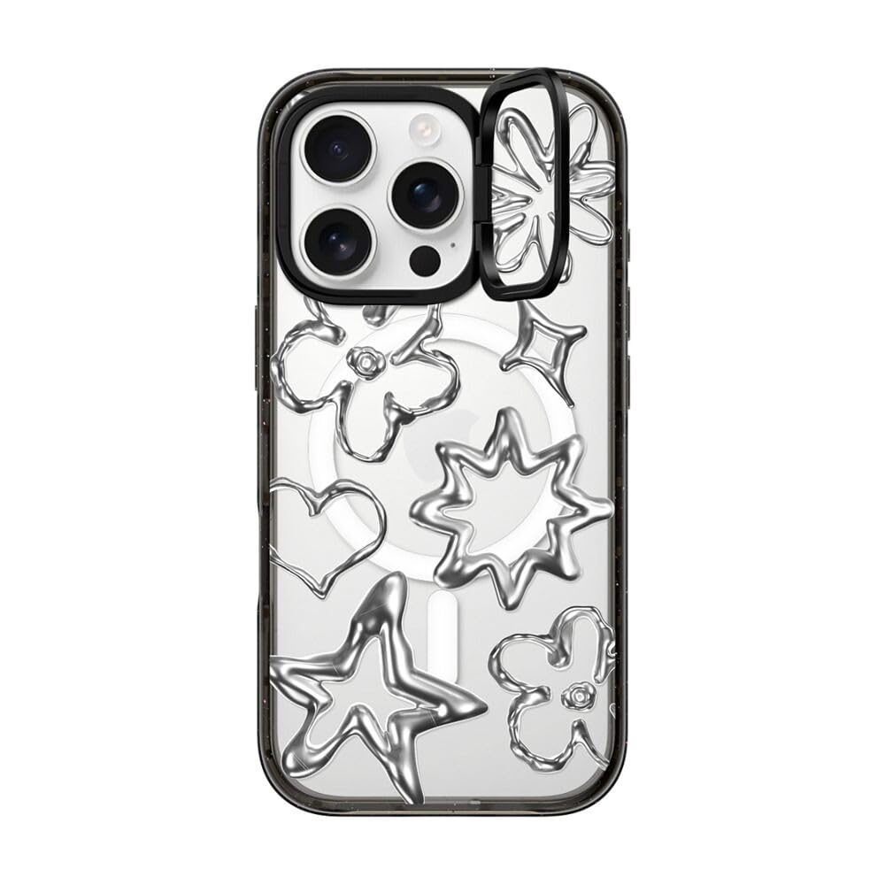CASETiFY Impact Ring Stand iPhone 16 Pro Case [Kickstand / 6.6ft. 3X Military Grade Drop Protection/Compatible with Magsafe] - Chrome Doodles - Clear Black
