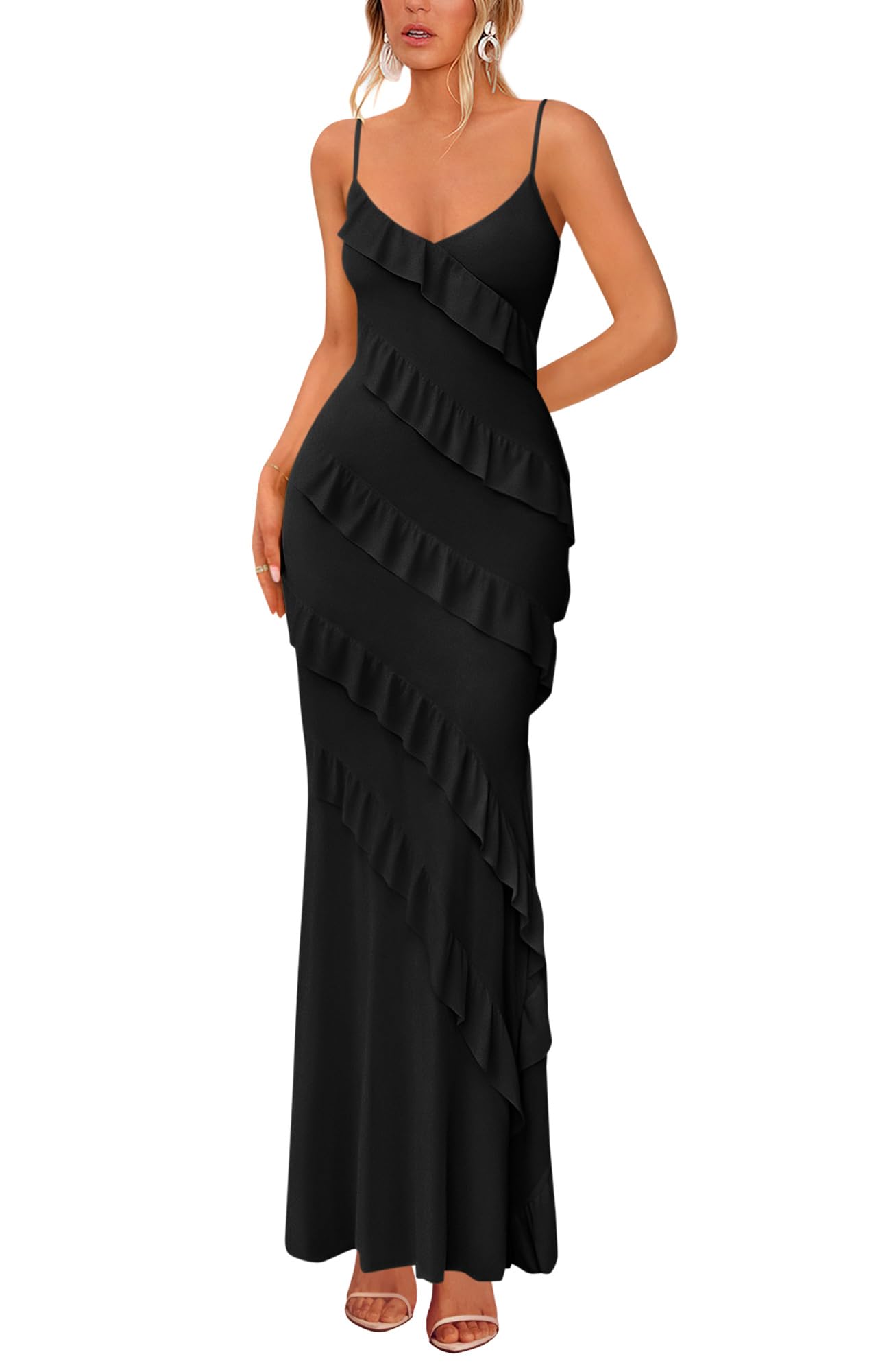 Photo 1 of BTFBM Spring Dresses for Women 2026 Spaghetti Strap Bodcyon Solid Cocktail Wedding Guest Dress Summer Fashion Clothing (Black,Large)