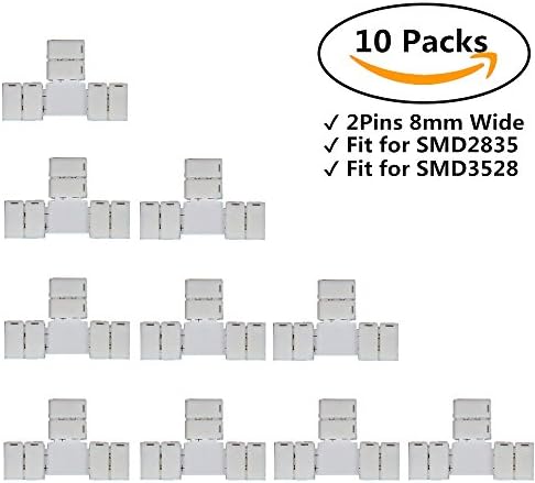 LED Strip Connector 10pcs/Pack T Shape Solderless Snap Down 2 Conductor for 8mm Wide SMD2835 3528 Single Color LED Flexible Strip Lights