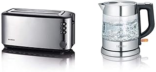 SEVERIN AT 2509 Automatik-Toaster (1.400 W, 2 Langschlitzkammern, für bis zu 4 Brotscheiben) Edelstahl/schwarz & WK 3468 Glas-Wasserkocher (ca. 2.200 W, 1 L) edelstahl/schwarz