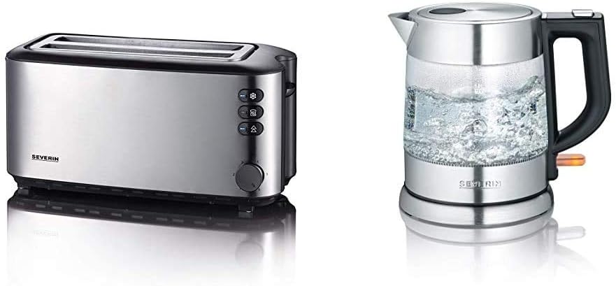 SEVERIN AT 2509 Automatik-Toaster (1.400 W, 2 Langschlitzkammern, für bis zu 4 Brotscheiben) Edelstahl/schwarz & WK 3468 Glas-Wasserkocher (ca. 2.200 W, 1 L) edelstahl/schwarz