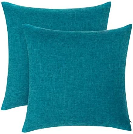 NANVII Solid Decorative Throw Pillow Covers Soft Zip Linen Cushion Cover Zip Throw Pillow Cases for Sofa Bed Couch Office, 18 x 18 Inch (Turquoise,Set of 2)