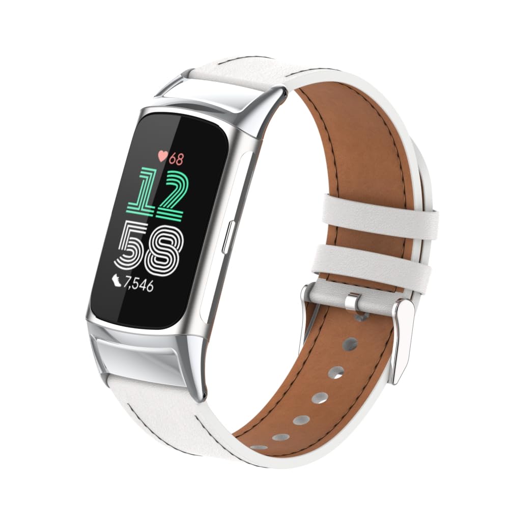 Miimall Leather Strap Compatible with Fitbit Charge 6/Fitbit Charge 5 Strap, Breathable Holes PU Leather Band, Adjustable Replacement Wristband with Metal Buckle for Women-White