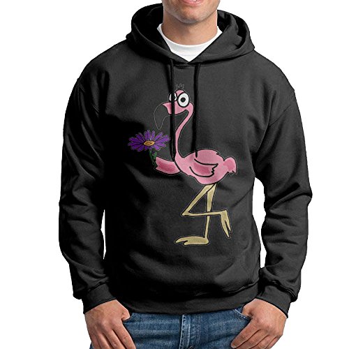 ZhiqianDF Pink Flamingo With A Purple Daisy Men's Pullover EcoSmart Fleece Hooded Sweatshirt Black L