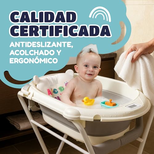 Baby Bath with Feet – Includes Digital Thermometer + Ergonomic Cushion + Bath Jug – Foldable Baby Bath – Non-Slip Feet – Banheira Baby with Stand – See Mounting Video Included