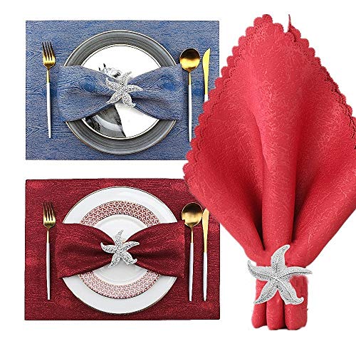 Elehere Napkin Rings Set of 6 Crown Rhinestone for Wedding Party Dinner Table Decor (Starfish Silver, 6)