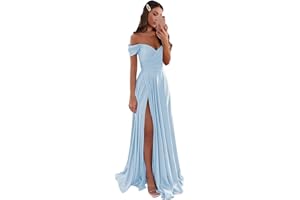 GODCUN Women's Satin Bridesmaid Dresses Off The Shoulder Prom Dresses A Line Pleated Long Formal Evening Party Gowns
