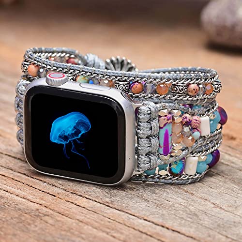 BOKIIWAY Boho Watch Bracelet Compatible with Apple Watch Series 8/7/6/5/4/3/2/1/SE - Bohemian Watch Band for Women - Handmade Braided Leather 並行輸入 : BOKIIWAY Handmade Beaded Boho Watch Bracelet Band