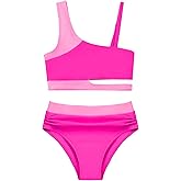 Girls 2 Piece Bathing Suits Kids Color-Blocking High Waist Bikini Set Teen Swimsuit Beach Swimwear for 3-16 Years
