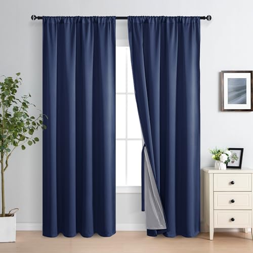 XWZO 100% Blackout Curtains 84 Inches Long with Tiebacks- Rod Pocket Noise Blocking & Energy Efficiency Window Draperies with Black Liner for Bedroom/Living Room, Navy Blue, W60 x L84, Set of 2