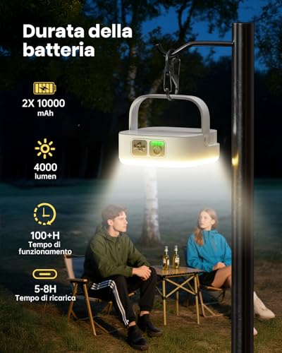 Eventek Pack of 2 Camping Lamps, 4000 lm, 10000 mAh Super Brightness Camping Light Up to 100+ Hours & 4 Light Modes, IP65 Waterproof Portable Rechargeable Camping Lamp for Tent, Emergency