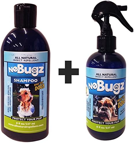 Nobugz All Natural Handmade Dog Shampoo BUNDLE WITH All Natural Handmade Dog Insect Repellent – DEET FREE, 100% Guaranteed to Repel Fleas, Ticks, Mosquitoes, Pesky Insects - 8oz Made in USA