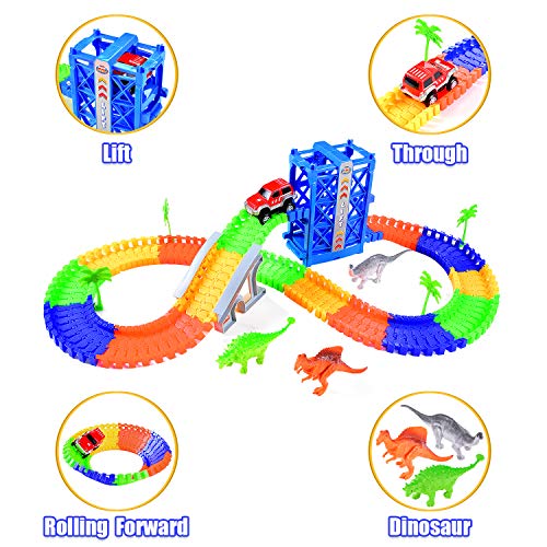 Fulljion Race Track Electric Car Large Lift Fast Sprint Flexible Track Playset Dinosaur World 120pcs 6.6ft Toy Train Set Tracks (1pcs Battery Included for Car)