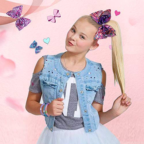 JoJo Siwa Bows, CREATESTAR 2 Pack Ribbon Hair Bows for Girls 8 Inch Large Hair Bow Alligator Clips Hair Accessories Mermaid Design Best Xmas Gift
