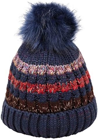 TINTAO Womens Winter Knit Hat Thick Warm Beanie With Faux Fur Pom Pom B-25 (Blue)