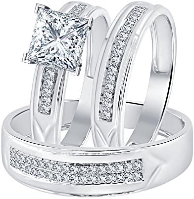 Dabangjewels Princess Cut White Diamond 14k White Gold Over 925 Sterling Silver Wedding Trio Ring Set for Him & Her