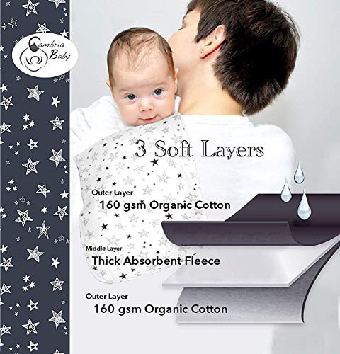 6 Pack Extra Large GOTS Certified Organic Cotton Burp Cloths, Unisex, Reversible, with 3 Layer Inner Fleece Absorbency, 10"x22", Neutral Patterns Boys and Girls