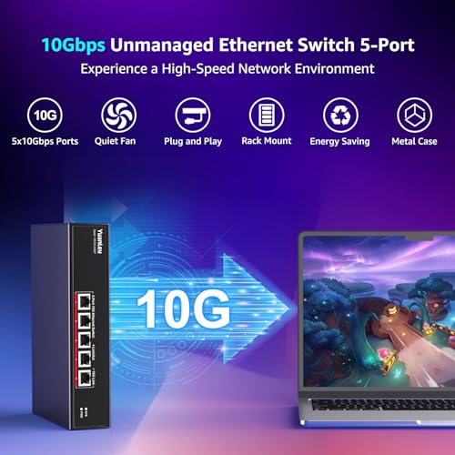 YuanLey 5 Port 10G Ethernet Switch, 5 Ports RJ45 10Gbps, Auto-Negotiated Speed 10G/5G/2.5G/1G/100M, Switching Capacity 100Gbps, Unmanageable Switch, Rackmountable, Plug and Play